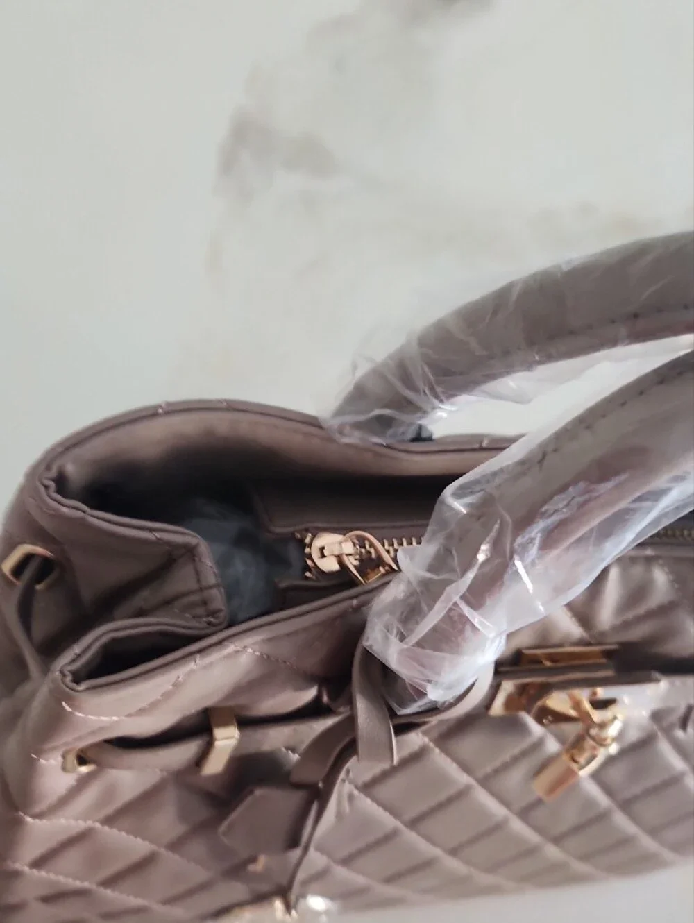 Badgley Mischka Quilted Taupe Satchel with Gold Hardware